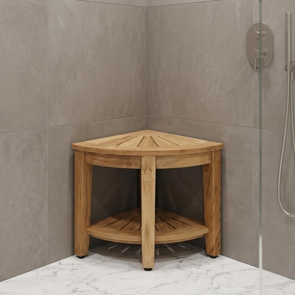 18" X 16" Brown Teak Corner Shower Bench With Shelf