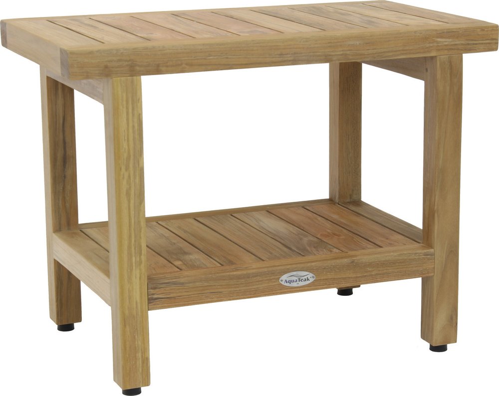 18" X 24" Brown Teak Rectangular Shower Bench With Shelf