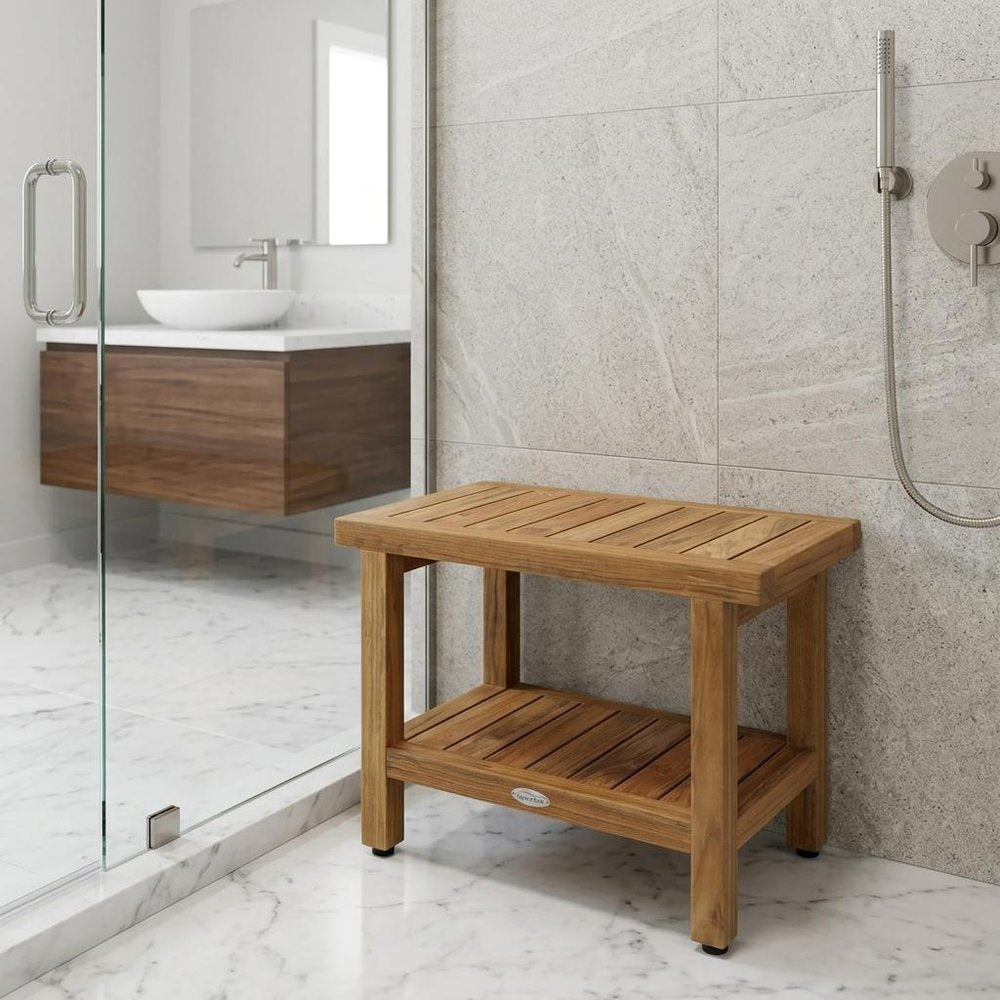 18" X 24" Brown Teak Rectangular Shower Bench With Shelf