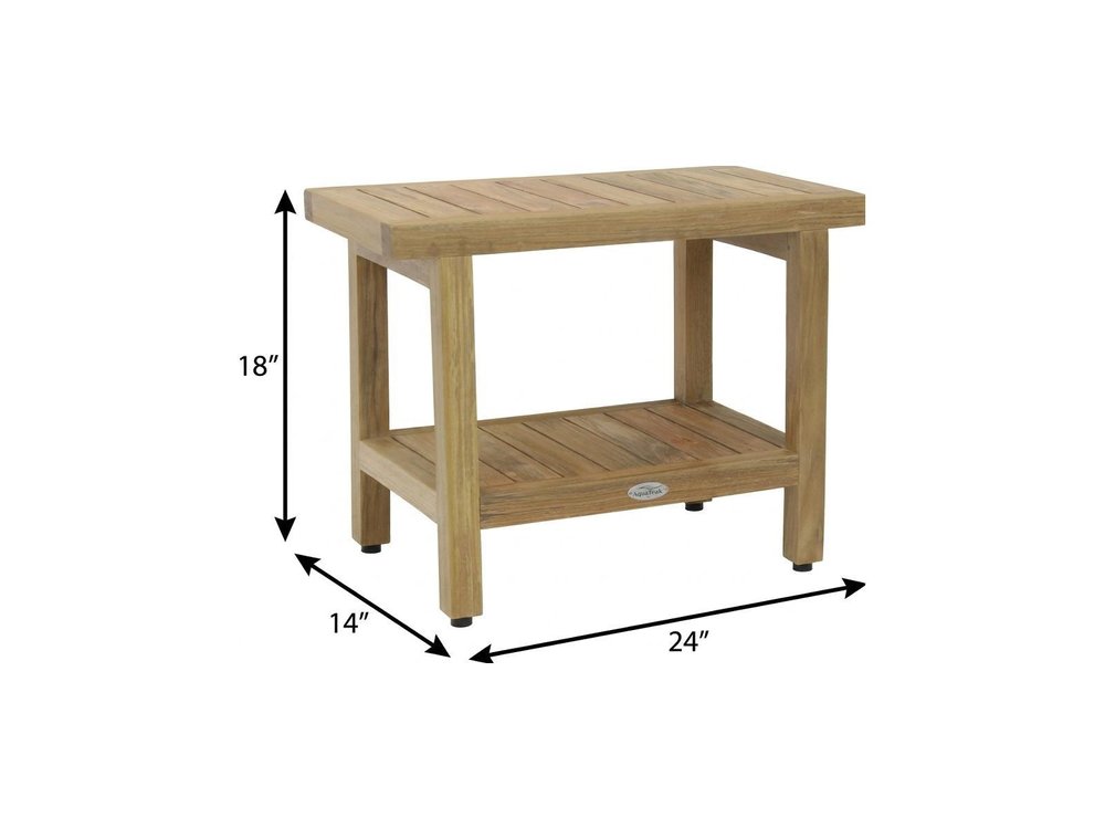 18" X 24" Brown Teak Rectangular Shower Bench With Shelf