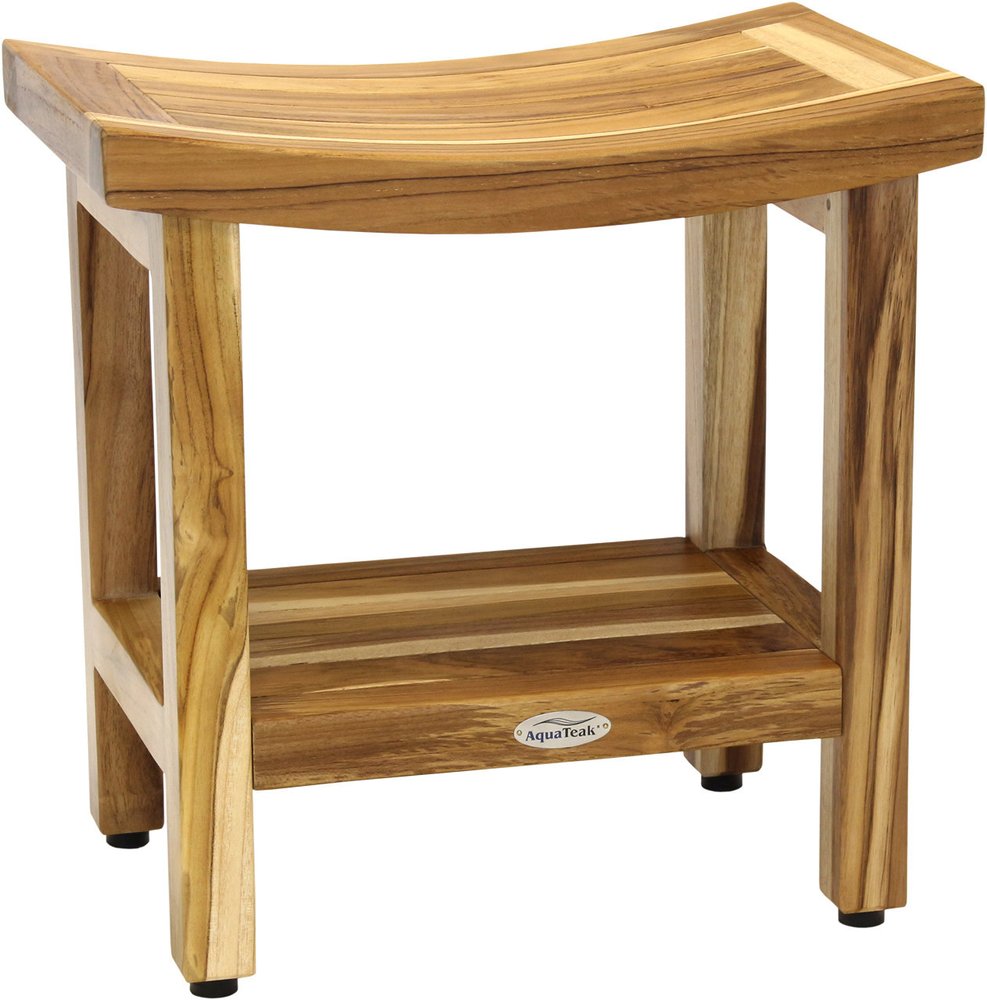 18" X 18" Brown Teak Rectangular Shower Bench With Shelf