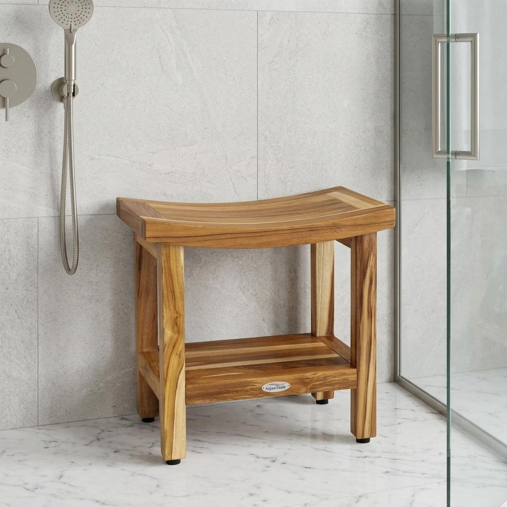 18" X 18" Brown Teak Rectangular Shower Bench With Shelf