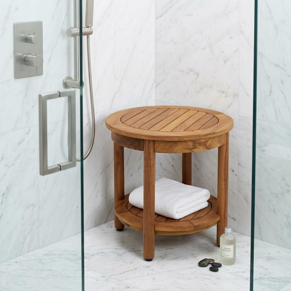 18" X 18" Brown Teak Circular Shower Bench With Shelf