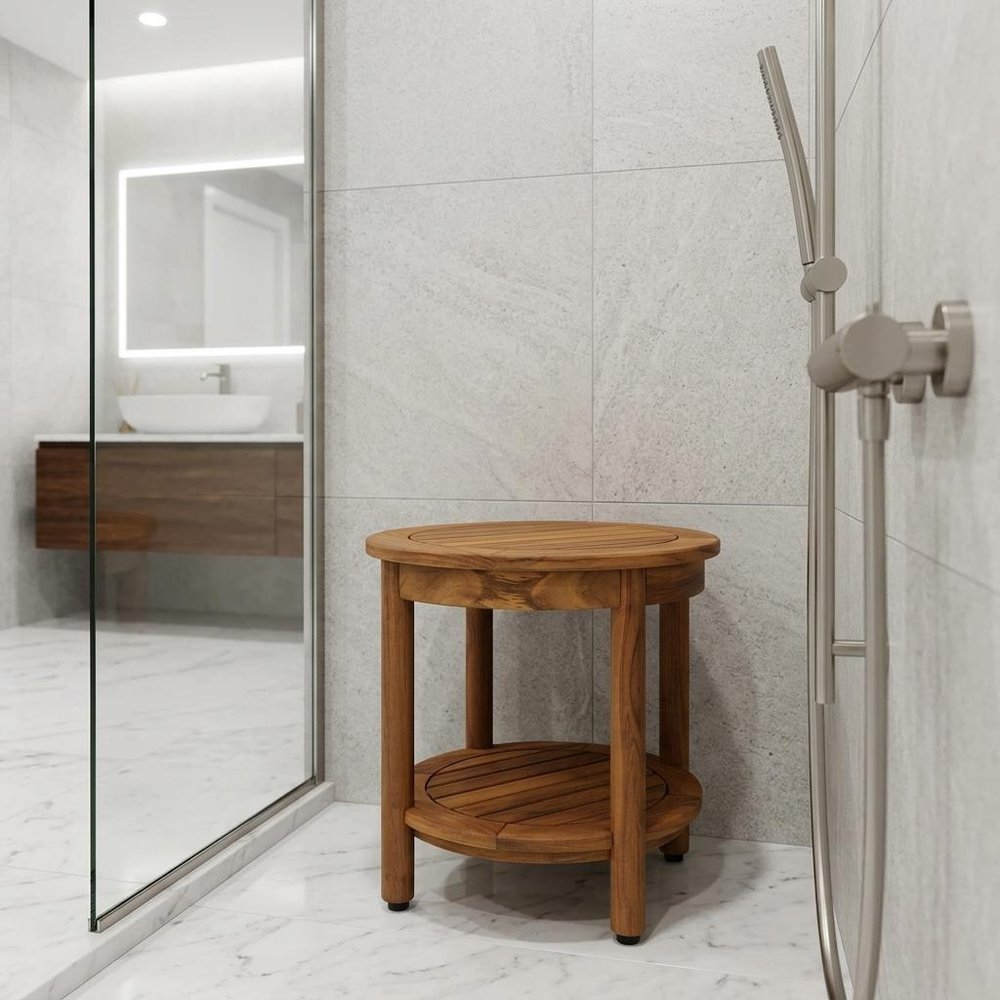 18" X 18" Brown Teak Circular Shower Bench With Shelf