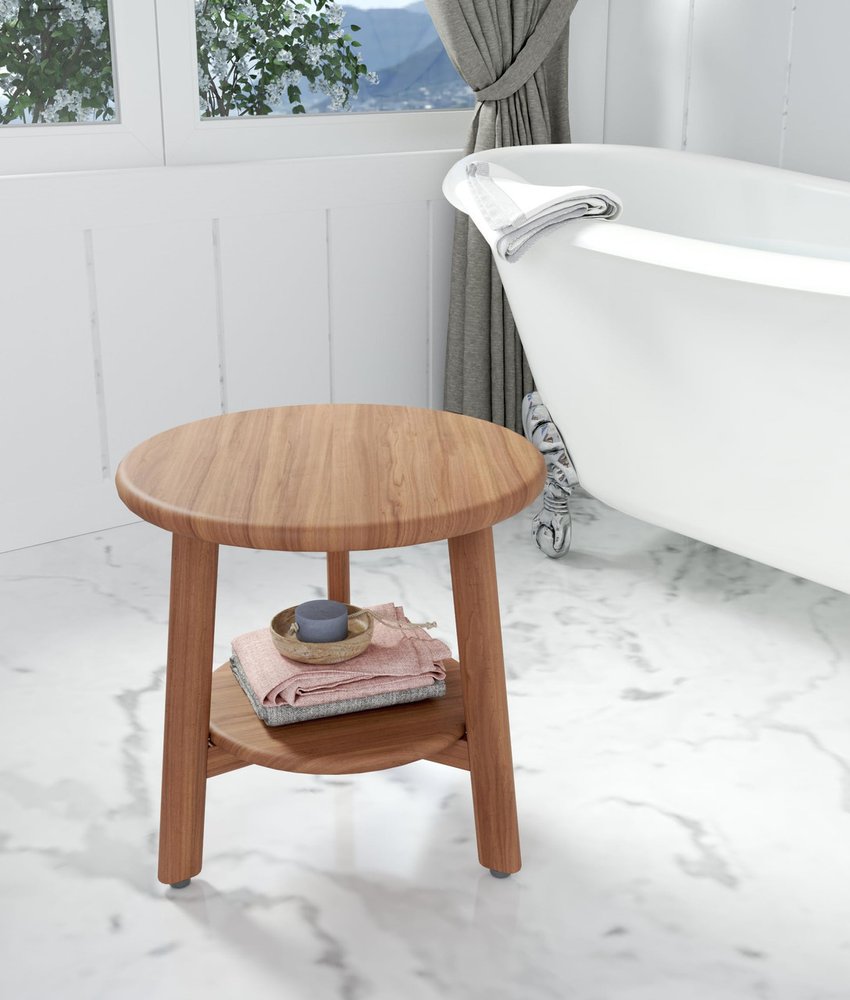18" X 18" Brown Teak Circular Shower Bench With Shelf