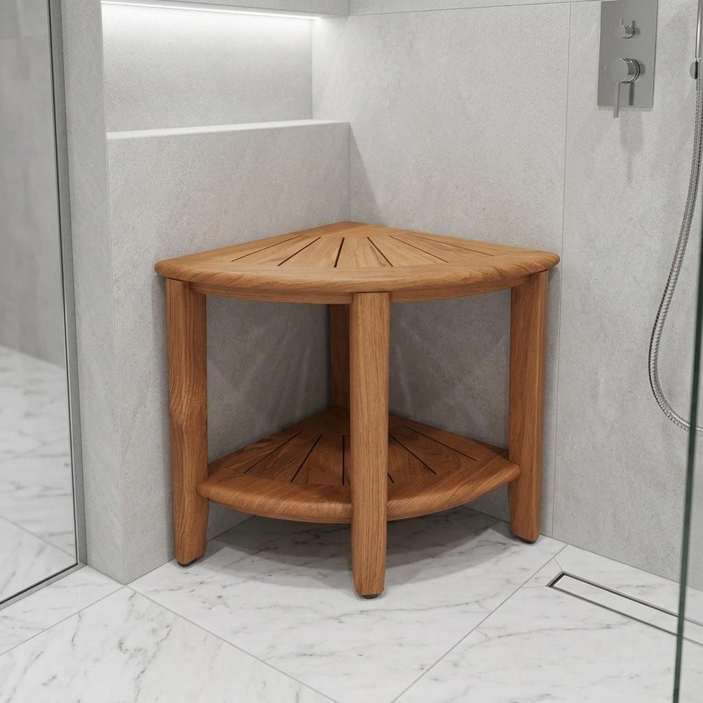 18" X 16" Brown Teak Corner Rectangular Shower Bench With Shelf
