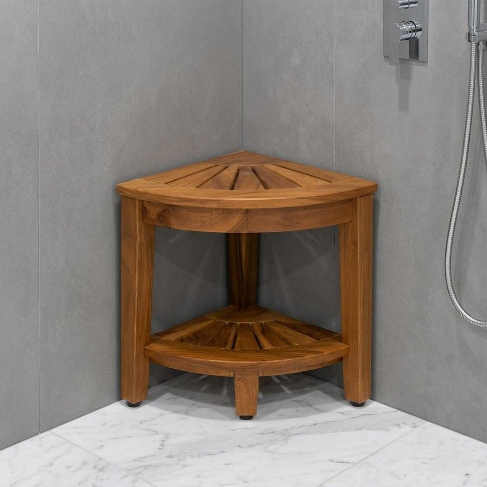 18" X 13" Brown Teak Corner Rectangular Shower Bench With Shelf