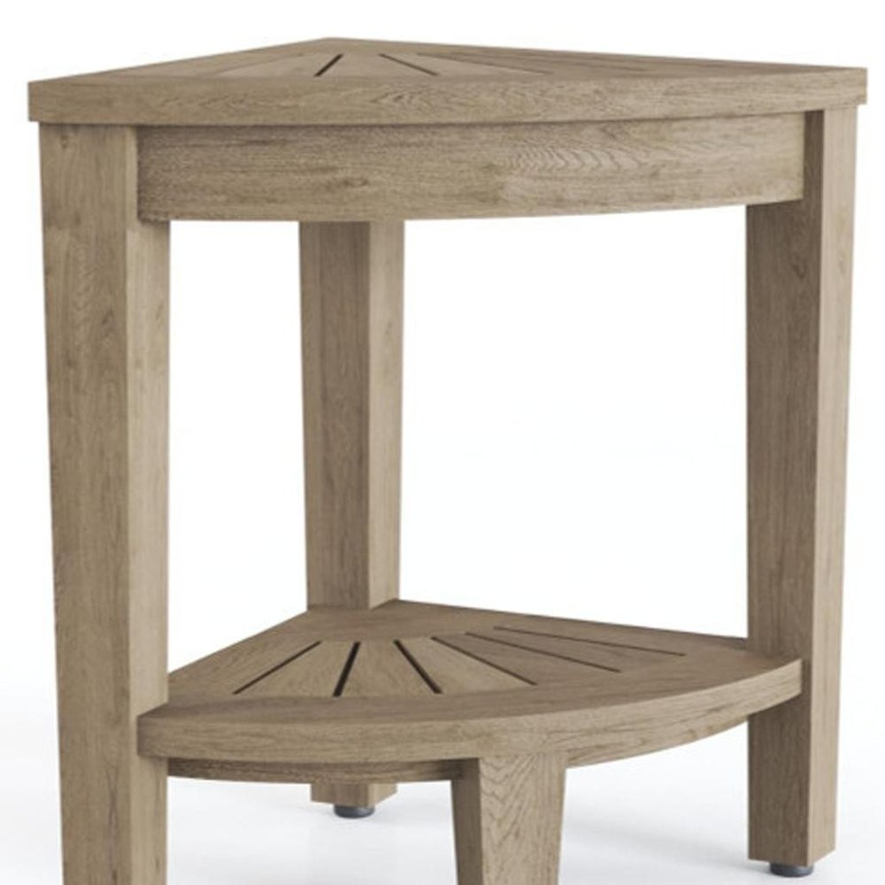 18" X 13" Brown Teak Corner Shower Bench With Shelf