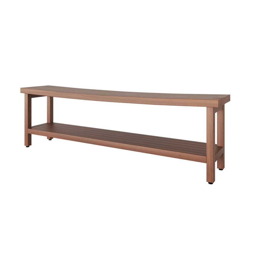 19" X 60" Brown Teak Rectangular Shower Bench With Shelf