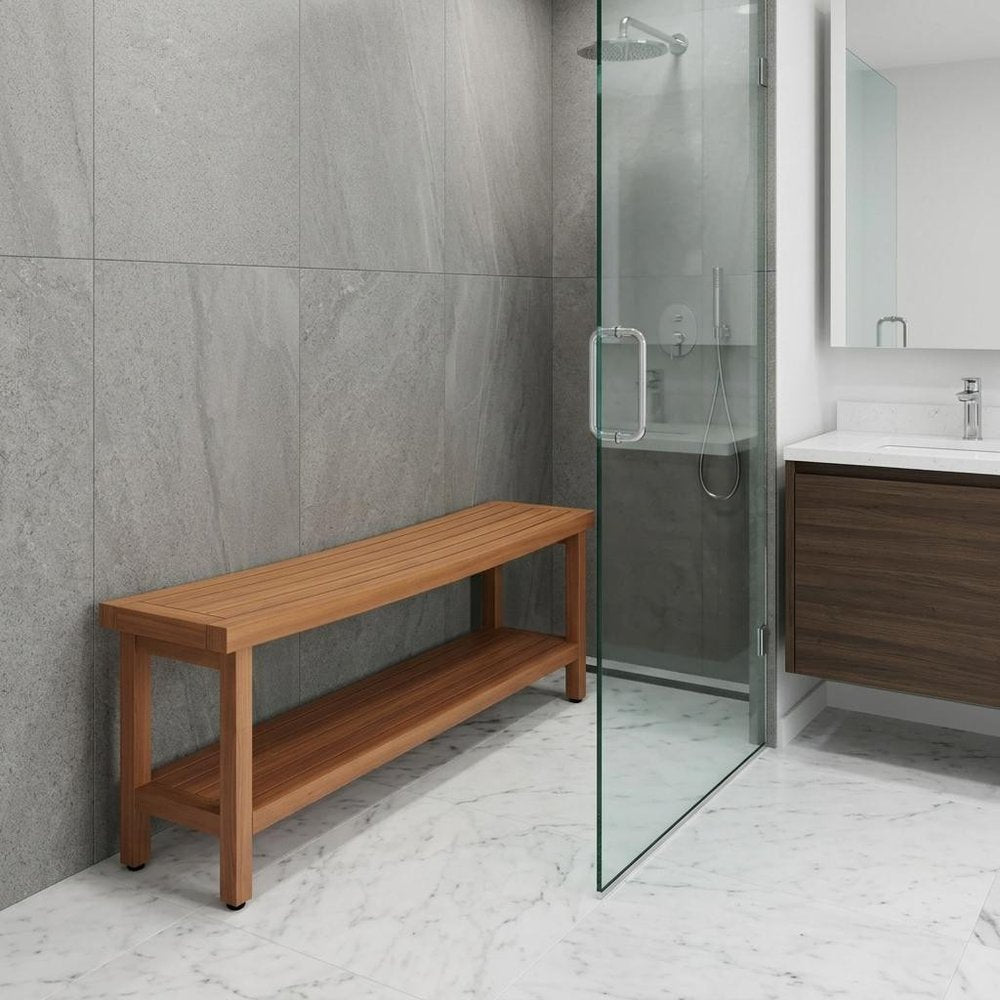 19" X 60" Brown Teak Rectangular Shower Bench With Shelf