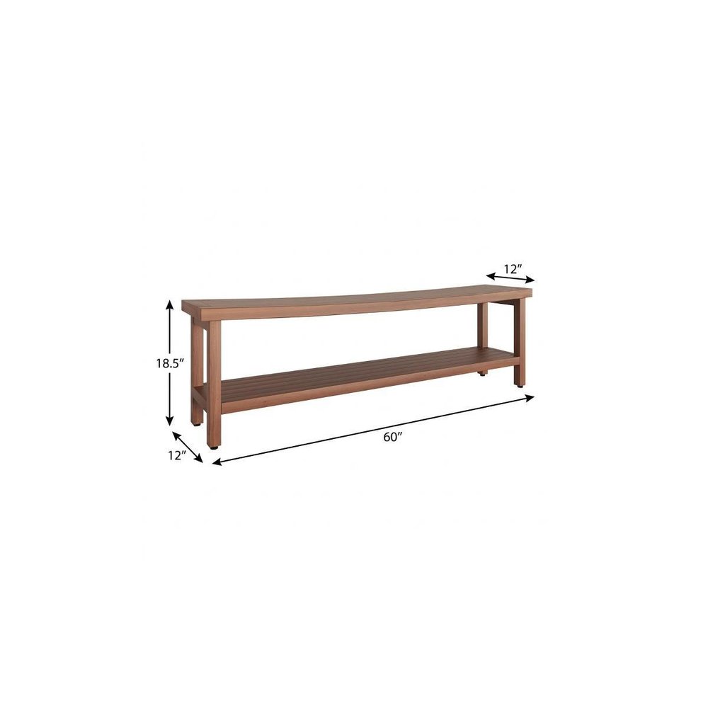 19" X 60" Brown Teak Rectangular Shower Bench With Shelf
