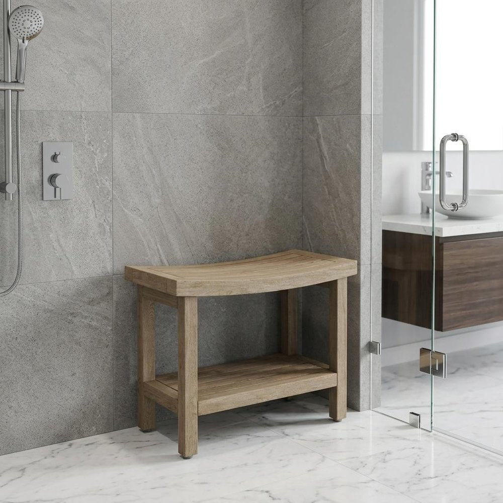 18" X 24" Brown Teak Rectangular Shower Bench With Shelf