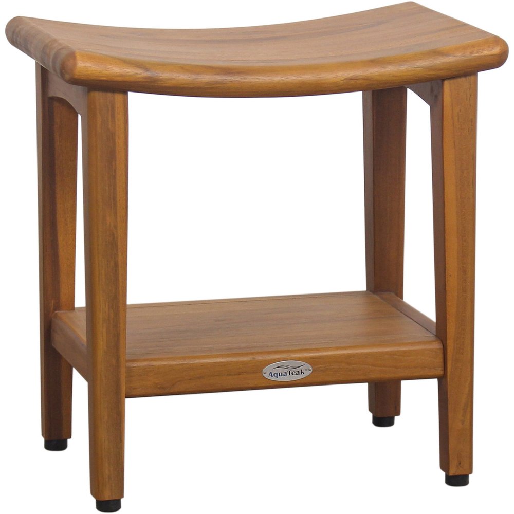 18" X 18" Brown Teak Rectangular Shower Bench With Shelf