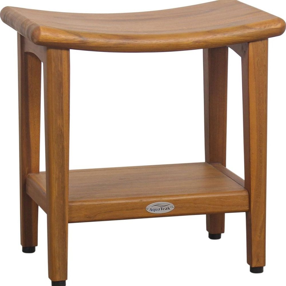 18" X 18" Brown Teak Rectangular Shower Bench With Shelf
