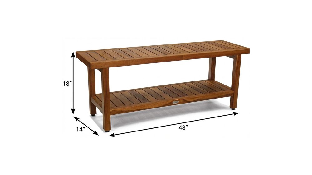 18" X 48" Brown Teak Rectangular Shower Bench With Shelf