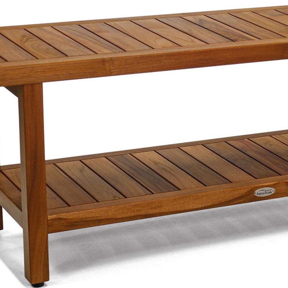 18" X 48" Brown Teak Rectangular Shower Bench With Shelf