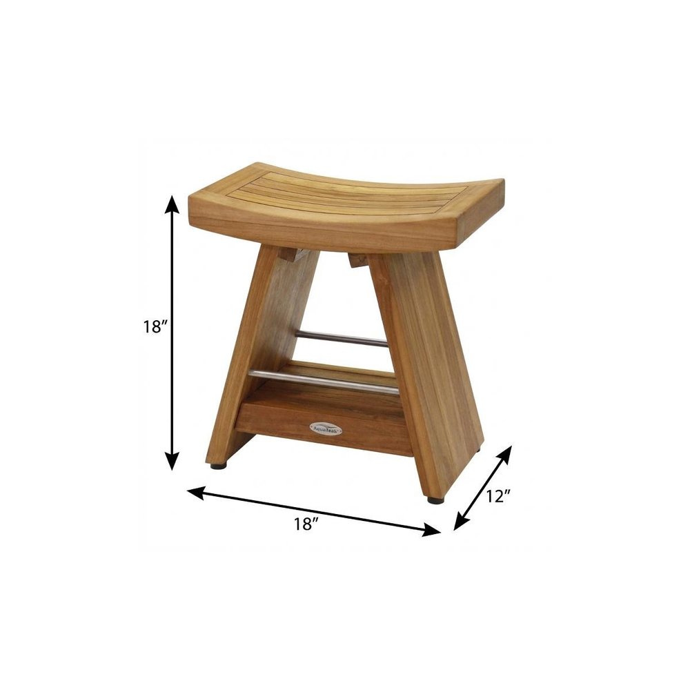 18" X 18" Brown Teak Rectangular Shower Bench With Shelf