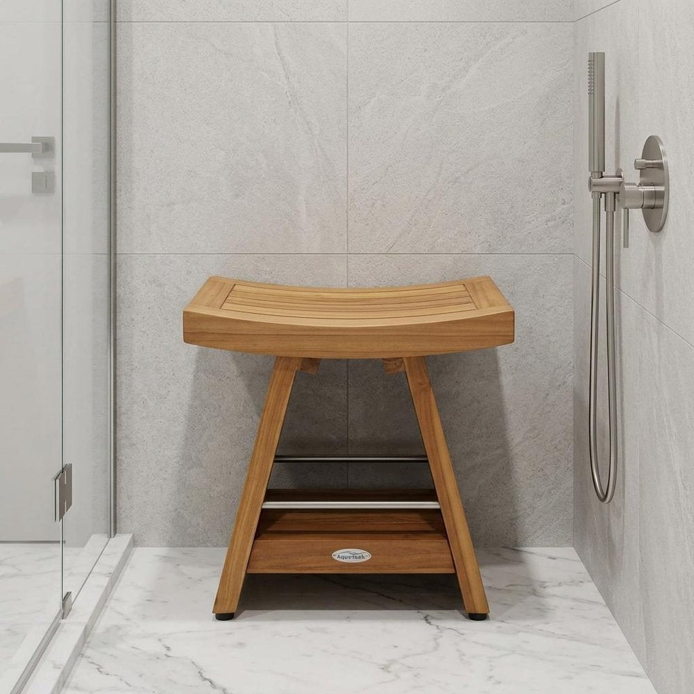18" X 18" Brown Teak Rectangular Shower Bench With Shelf