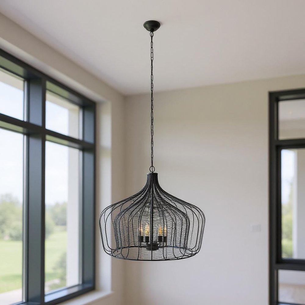 Black Four Light Metal Dimmable Chandelier With Black Shades