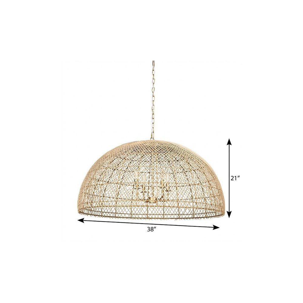 Gold Four Light Rattan Dimmable Chandelier With Gold Shades