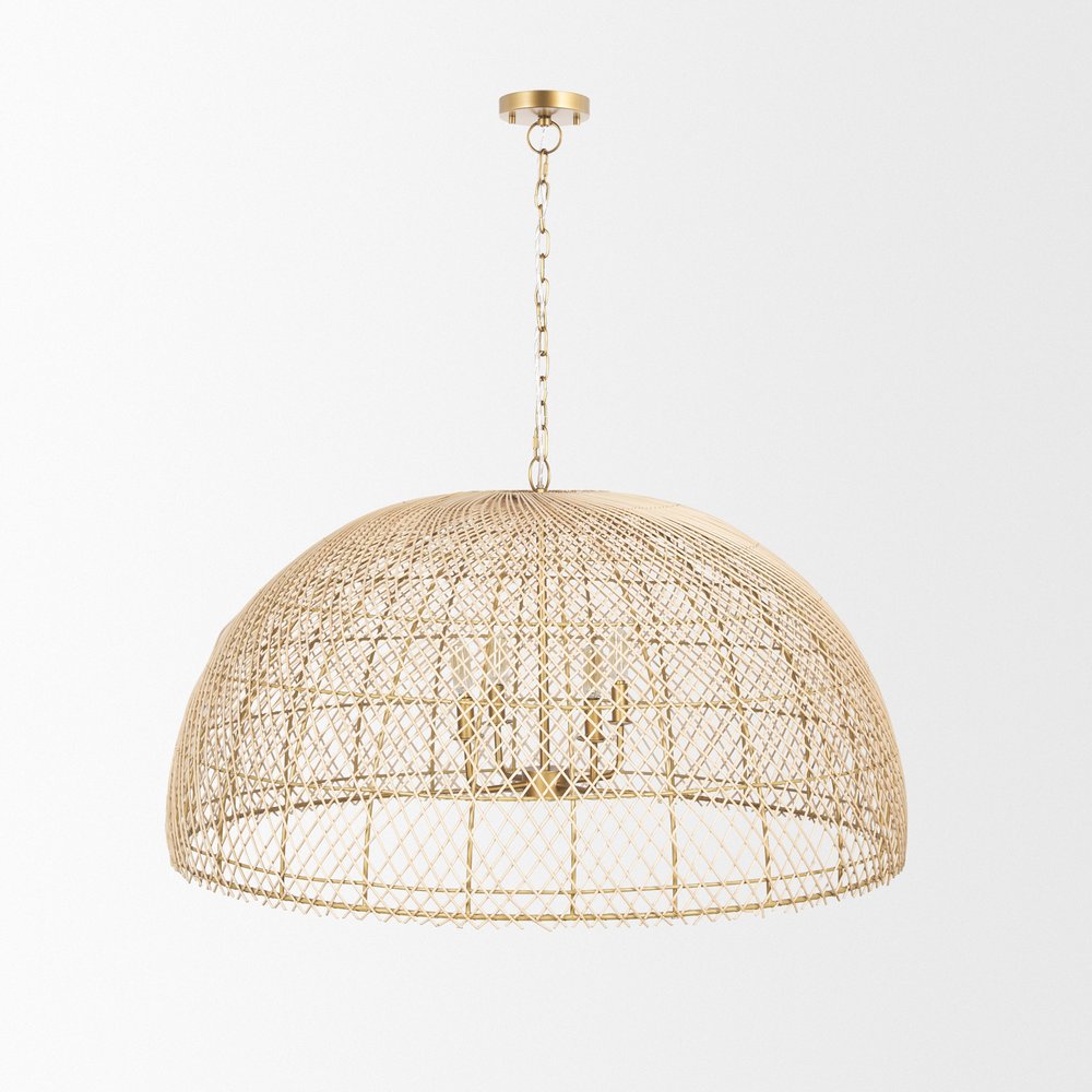 Gold Four Light Rattan Dimmable Chandelier With Gold Shades