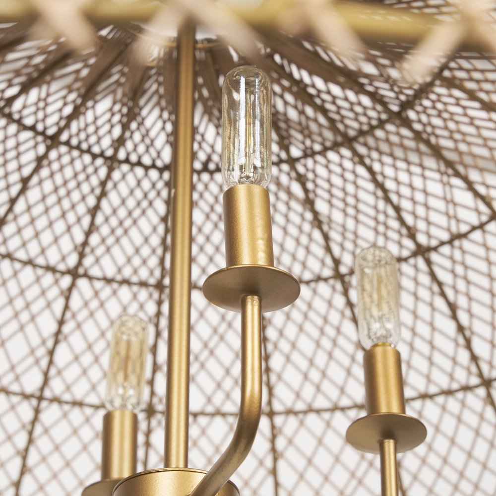 Gold Four Light Rattan Dimmable Chandelier With Gold Shades