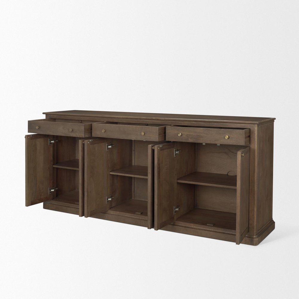 82" Brown Solid Wood Three Drawer Sideboard With Six Doors