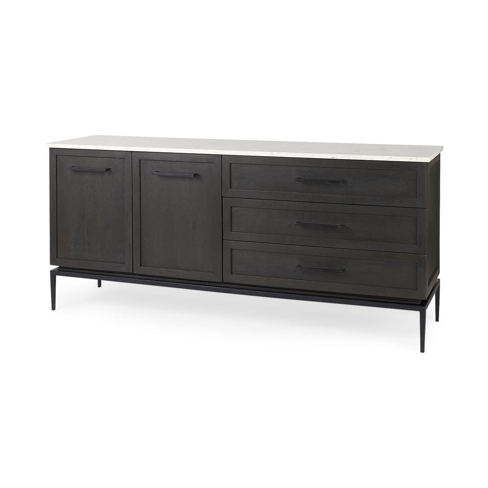 71" Black Solid Wood Three Drawer Sideboard With Two Doors