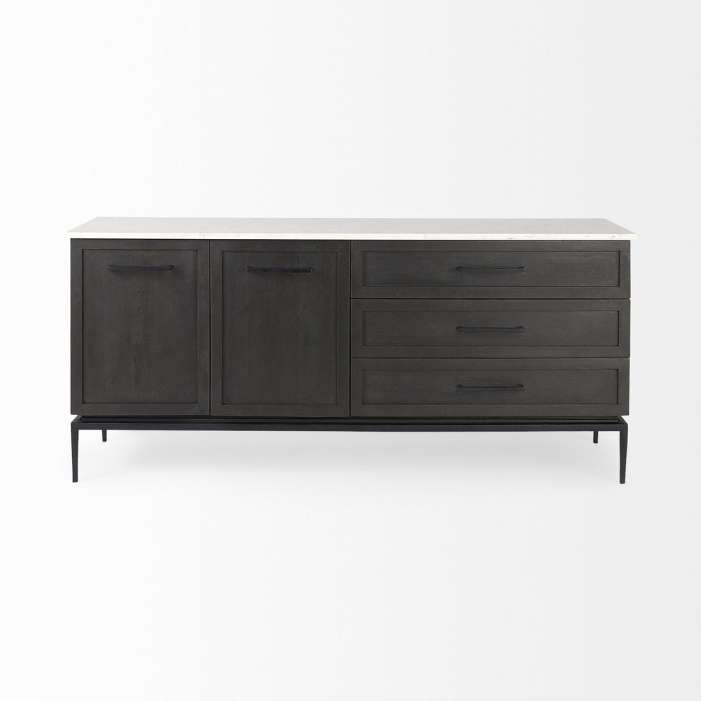 71" Black Solid Wood Three Drawer Sideboard With Two Doors