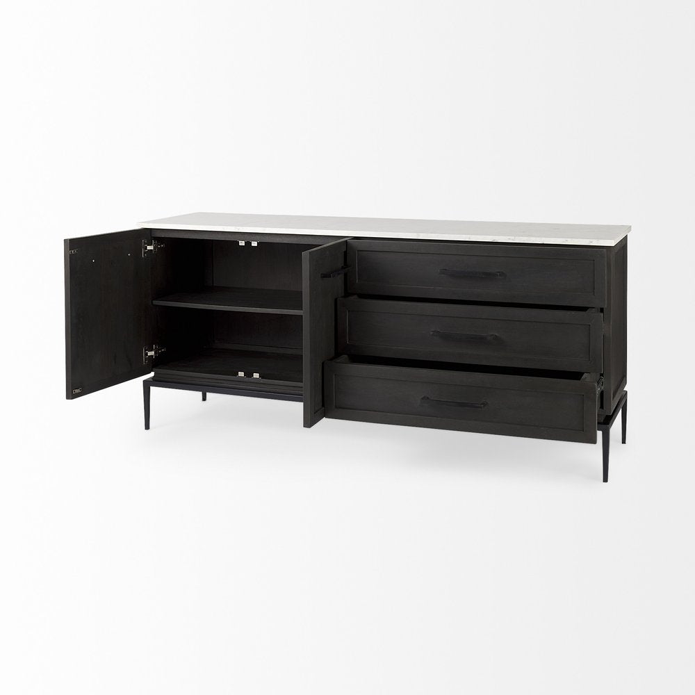 71" Black Solid Wood Three Drawer Sideboard With Two Doors