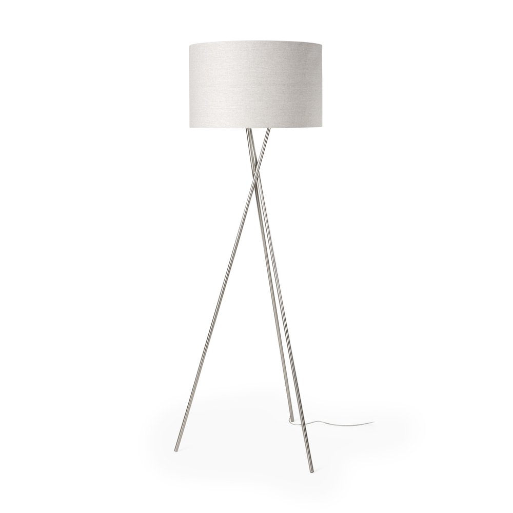 62" Beige Metal Tripod Floor Lamp With Beige Fabric Drum Shade