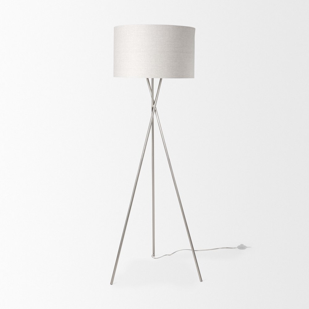 62" Beige Metal Tripod Floor Lamp With Beige Fabric Drum Shade