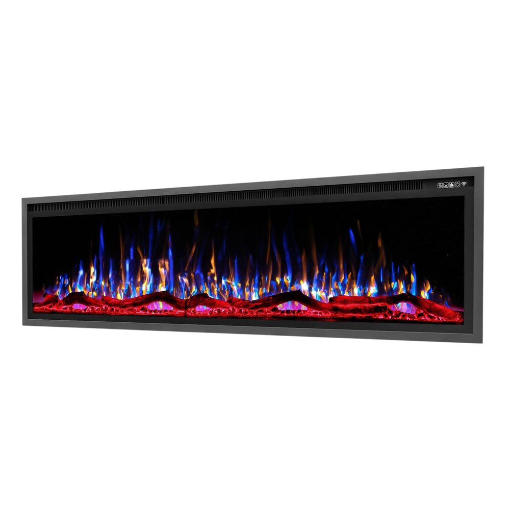 72" Black And Red Metal Electric Fireplace Insert With LED