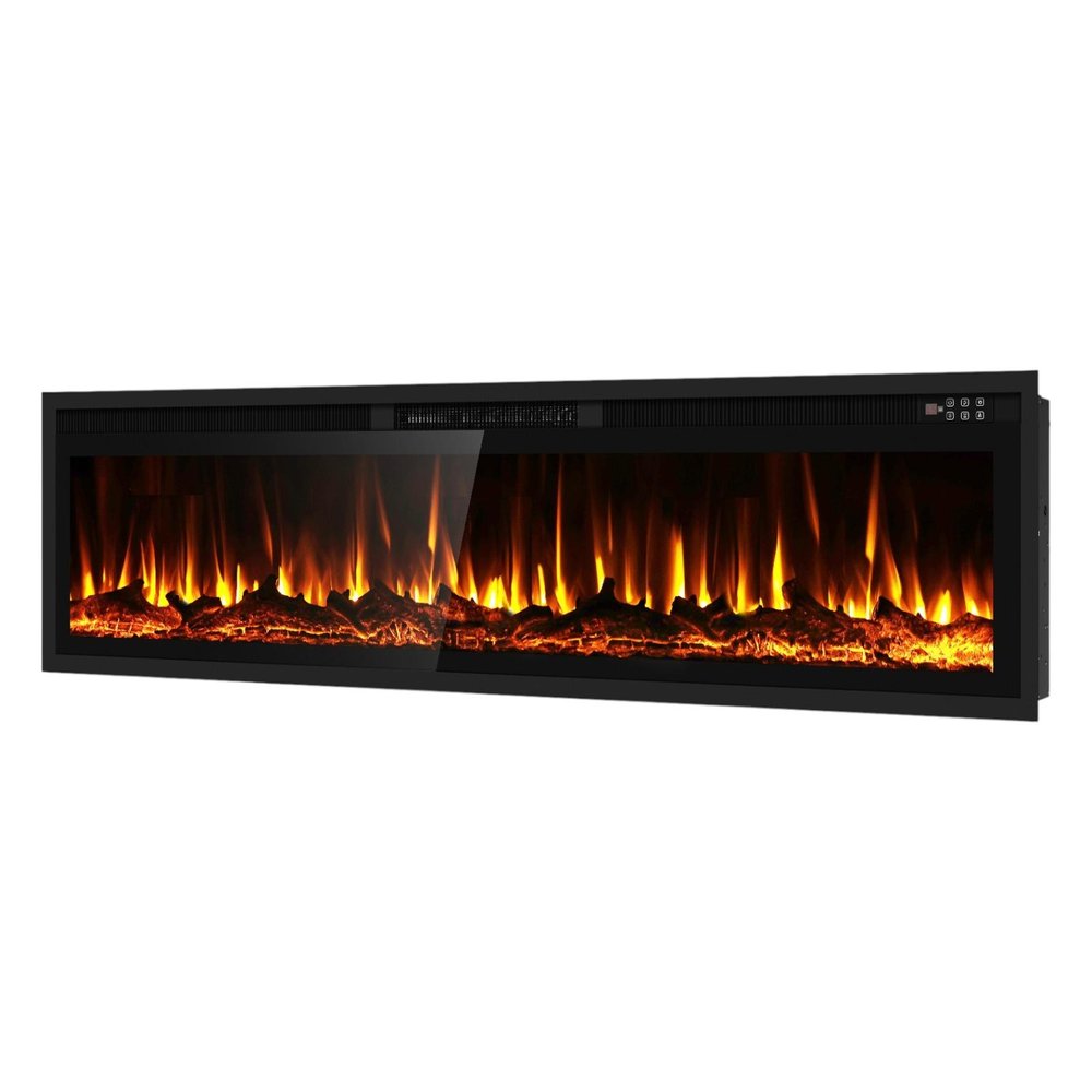 72" Black And Red Metal Electric Fireplace Insert With LED