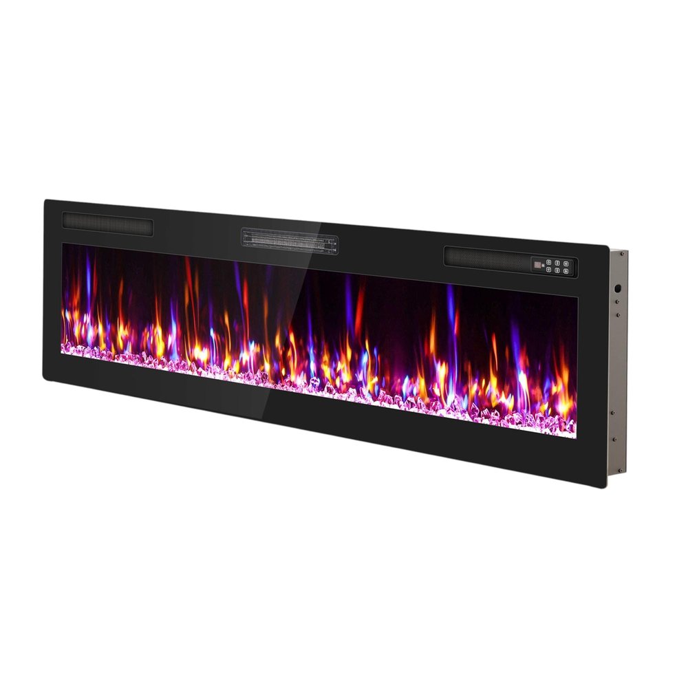 60" Black And Red Metal Electric Fireplace Insert With LED