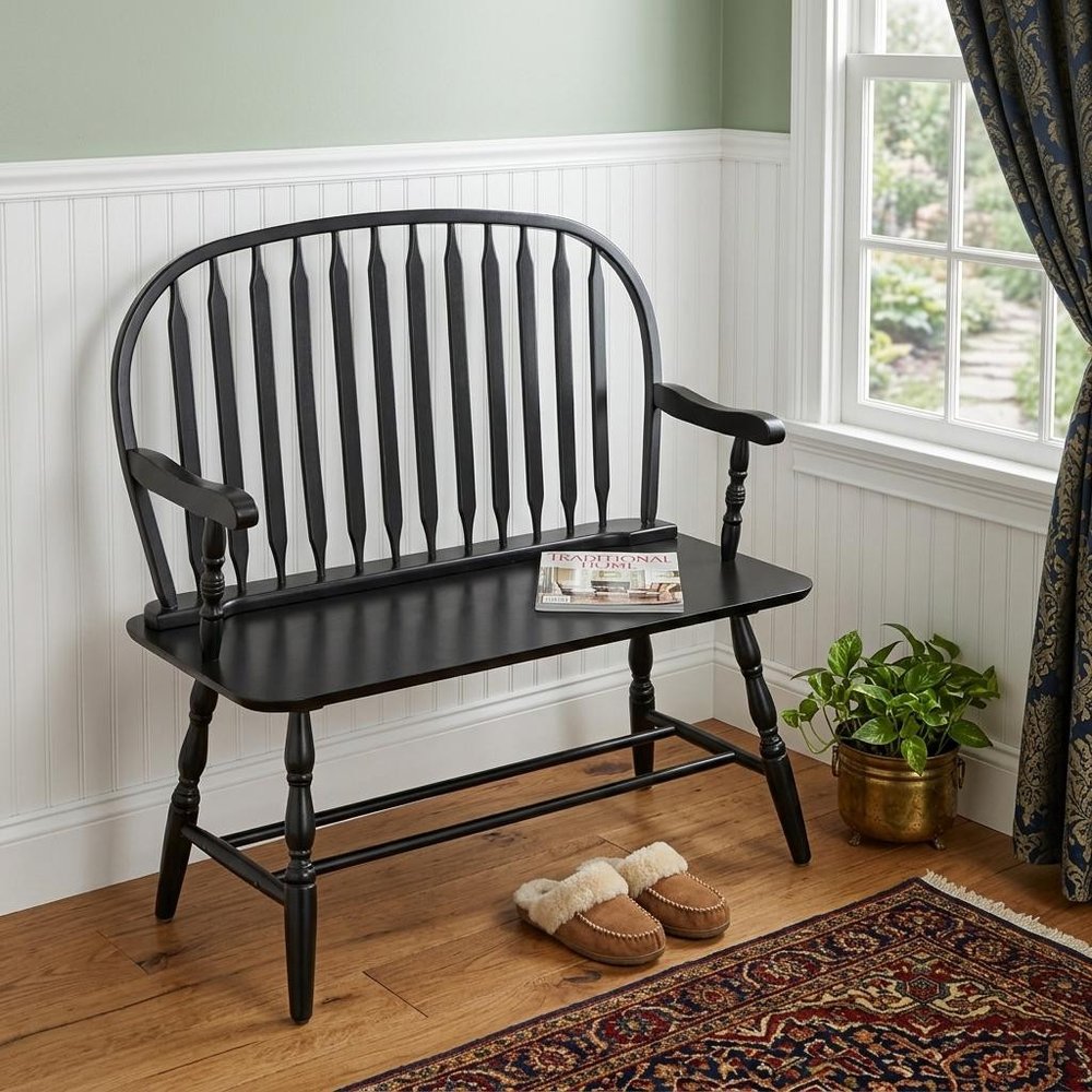 44" Black Wood Windsor Spindle Back Bench