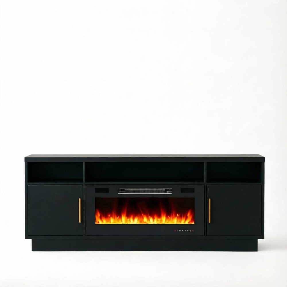 70" Black Wood Fireplace TV Stand With Fireplace