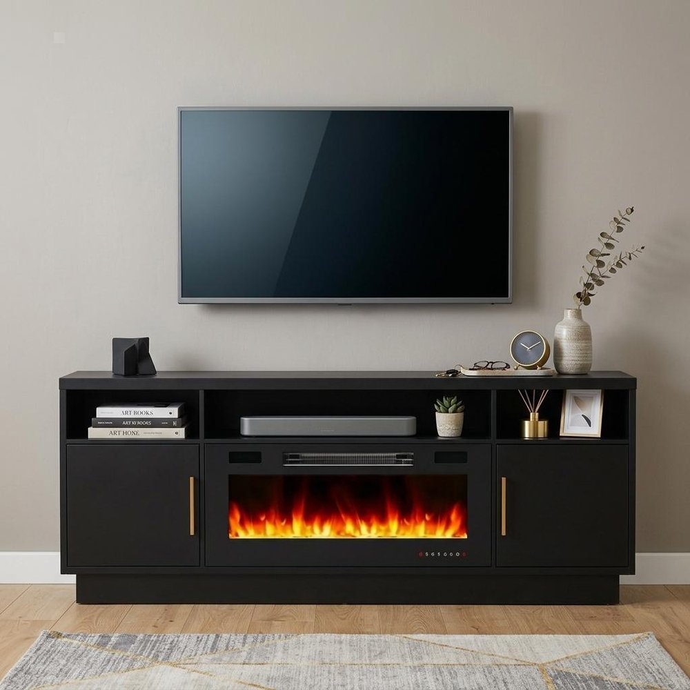 70" Black Wood Fireplace TV Stand With Fireplace