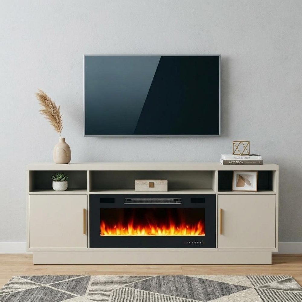 70" Black Wood Fireplace TV Stand With Fireplace