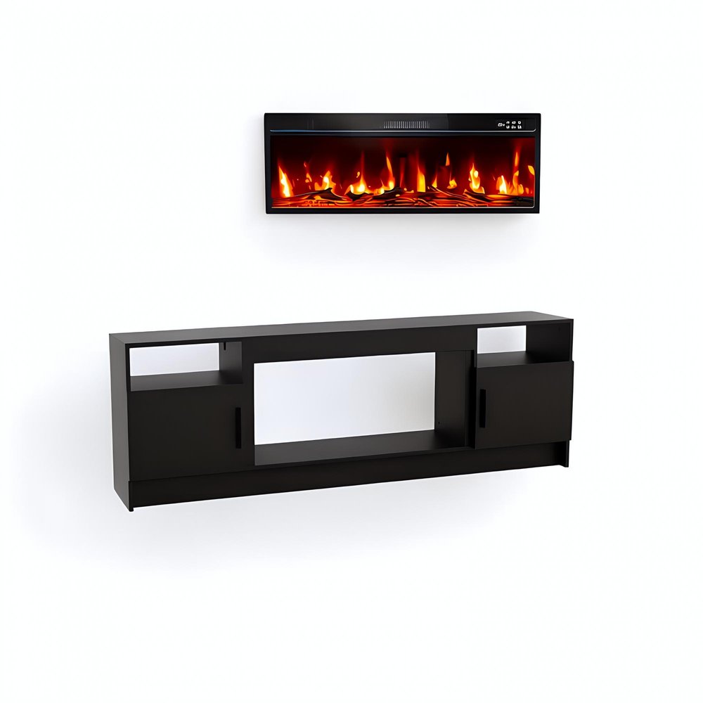 70" Black Wood Fireplace TV Stand With Fireplace