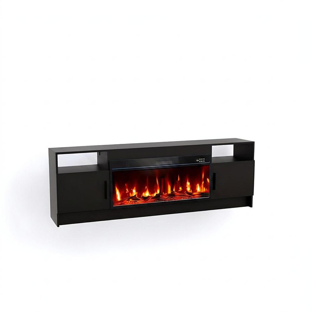 70" Black Wood Fireplace TV Stand With Fireplace