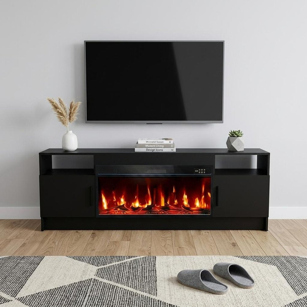 70" Black Wood Fireplace TV Stand With Fireplace