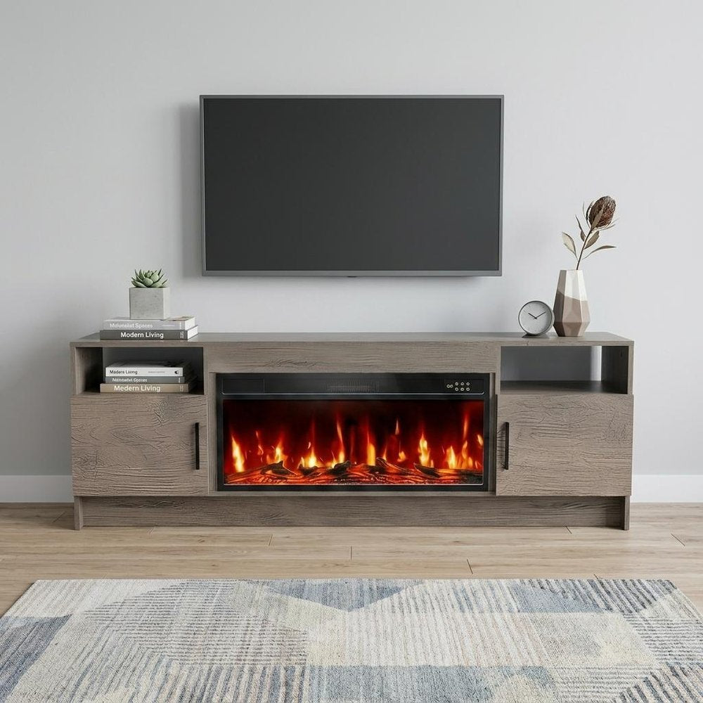 70" Black Wood Fireplace TV Stand With Fireplace