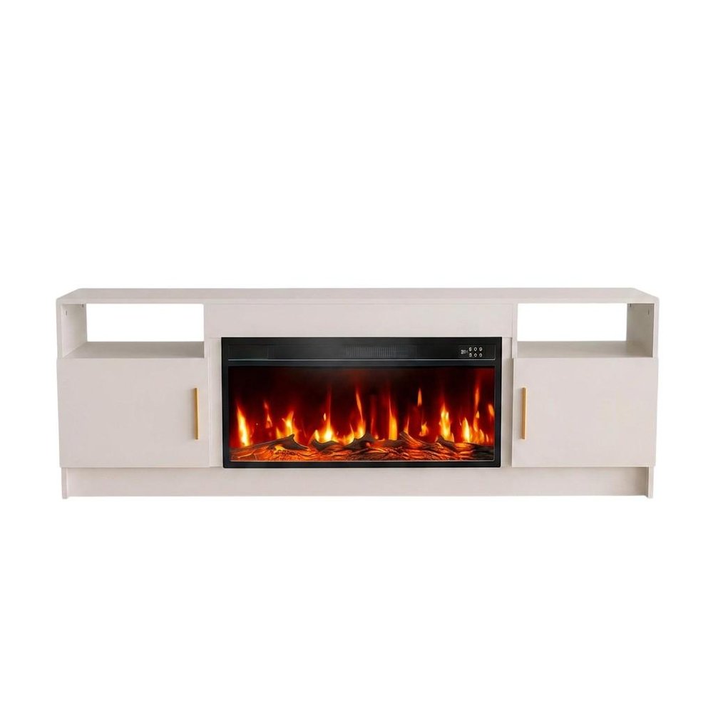 70" White Wood Fireplace TV Stand With Fireplace