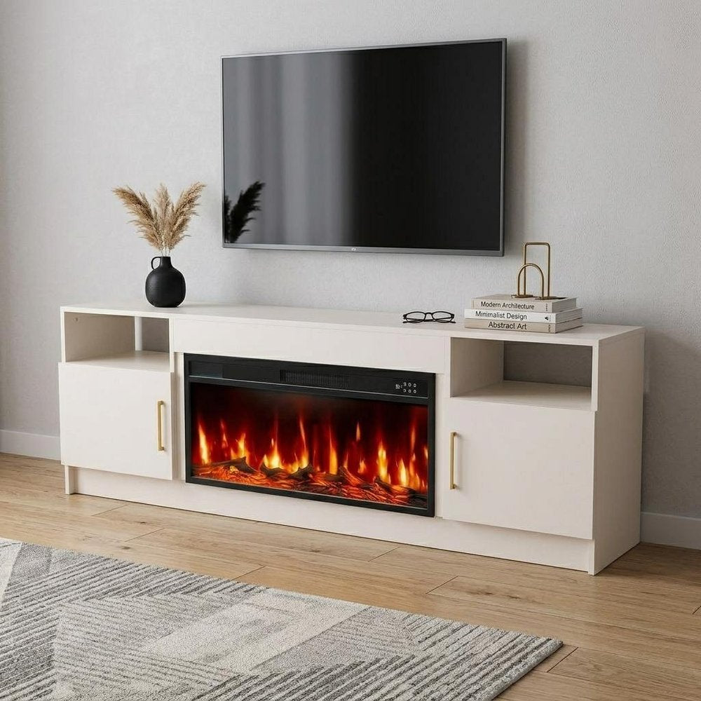 70" White Wood Fireplace TV Stand With Fireplace