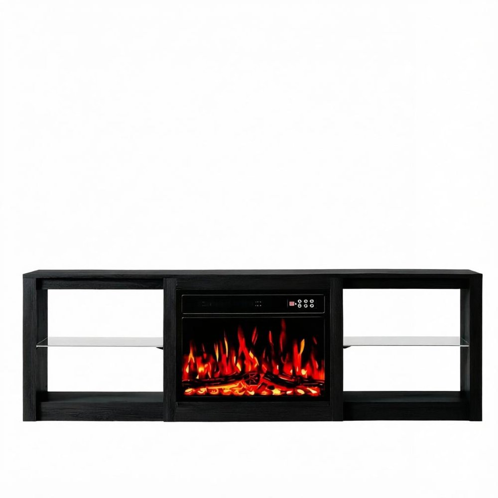 70" Black Wood Fireplace Entertainment Center With Fireplace