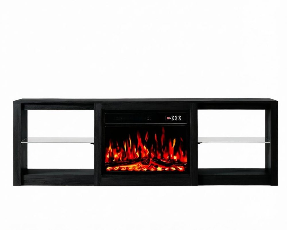 70" Black Wood Fireplace Entertainment Center With Fireplace