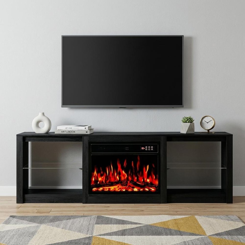 70" Black Wood Fireplace Entertainment Center With Fireplace