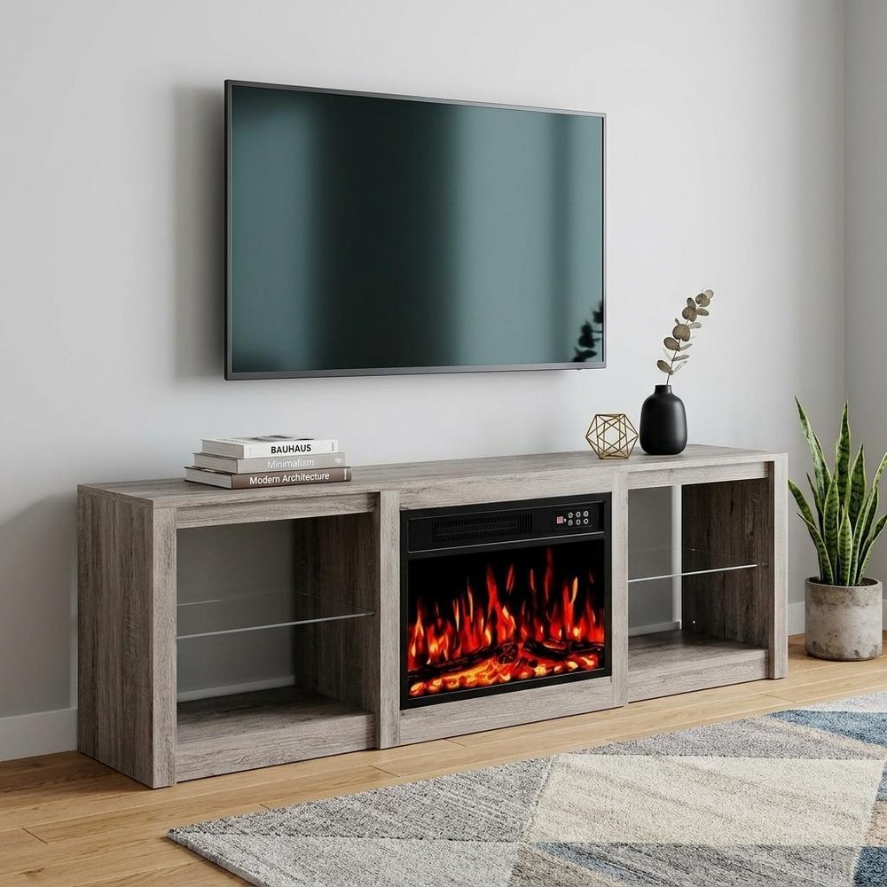 70" Black Wood Fireplace Entertainment Center With Fireplace