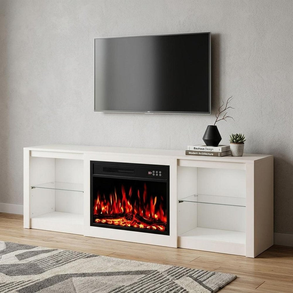 70" Black Wood Fireplace Entertainment Center With Fireplace